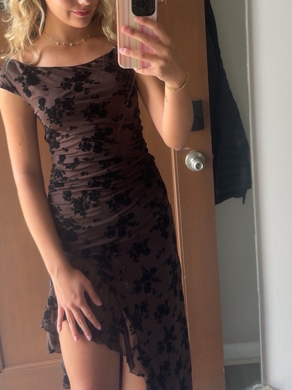 Altar'd State Brown and Black Floral Velvet Devore High-Low Dress
